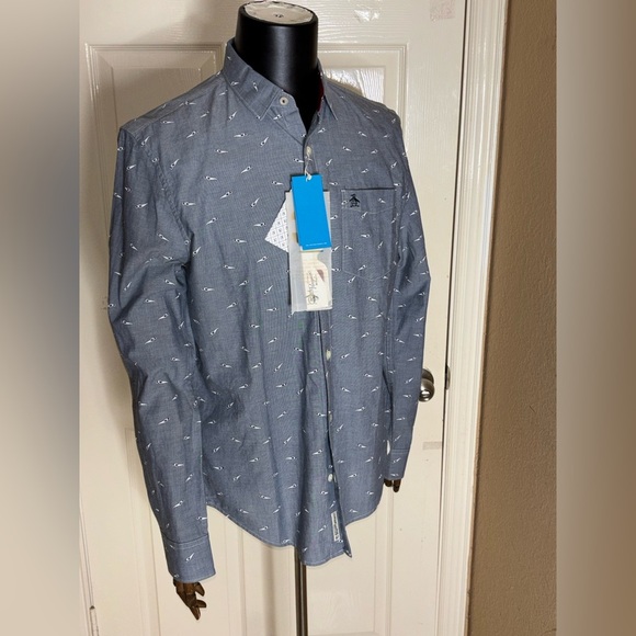 NWT Penguin Men's Heritage Slim Fit Blue 3D Glasses Multicolor Button Shirt Med NWT Penguin Men's Heritage Slim Fit Blue 3D Glasses Multicolor Button Shirt Med